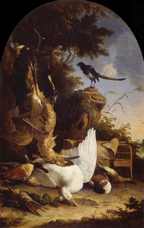 REMBRANDT Harmenszoon van Rijn A hunter-s Bag near a tree stump with a magpie,known as the contemplative Magpie china oil painting image